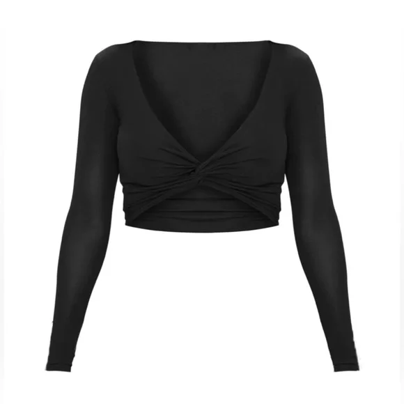 PrettyLittleThing Shape Black Slinky Twist Front Crop Top - Picture 3 of 5